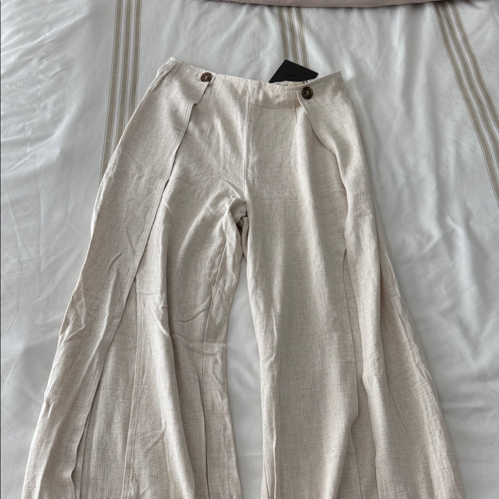 Wide Leg Linen-Blend Pants in Light Beige